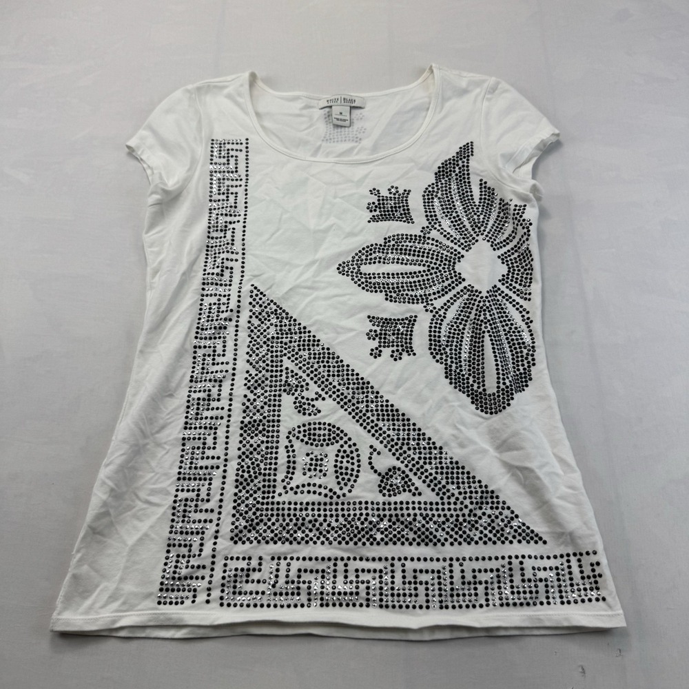 White House Black Market Womens Medium White Rhinestone Studded Graphic T-Shirt